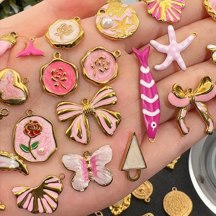 2pcs Gentle Pink Enamel Stainless Steel Charms Rose Flower Starfish Butterfly Necklace Pendant Women DIY Earring Jewelry Making