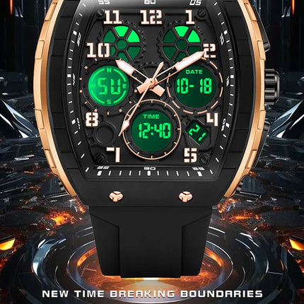 Men Sports Digital Wrist Watches For Male Clock Dual Display Man Tonneau Watches Chronograph Luminous Silicone Band Dropship
