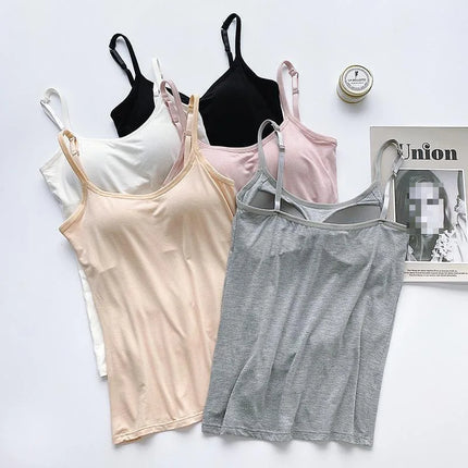 2020 Women Solid Tank Tops Adjustable Strap Built In Cup Padded Wireless Camisole Camis Vest Female Home Basic Tank Top
