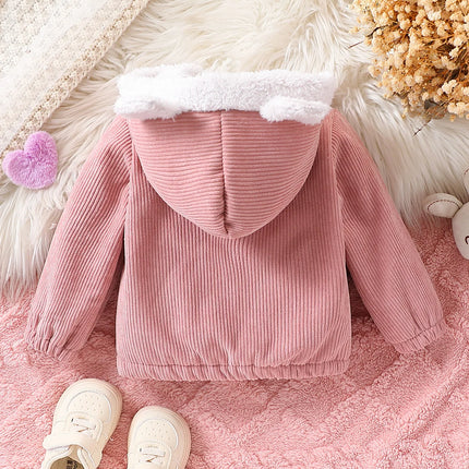 Baby girl casual cute corduroy composite plush fabric zipper fully open thickened hooded long sleeve jacket autumn and winter
