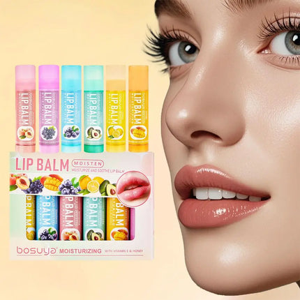 6PCs Natural Fresh Fruit Lip Balm Set Winter Moisturizing Lip Oil Long-Lasting Glossy Nourishing Lipstick Dry Lip Care Makeup