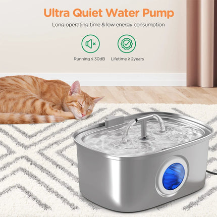 Automatic Cat Fountain with Water Level Window,Stainless Steel Cat Water Fountain Quiet Pump Water Dispenser for Multiple Pets