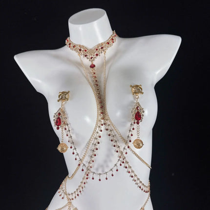 Ruby Red Sexy Body Chain Chest Chain Collar Waist Chain Nipple Clamps Nipple Stimulation Women's Wear Adult Toy SM Training Tool