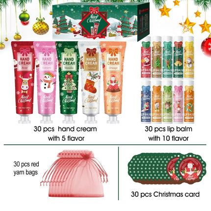 Christmas gift set distribution 120PCS/box in bulk, lip balm in bulk, hand cream in bulk, Christmas cards, gift gauze bags