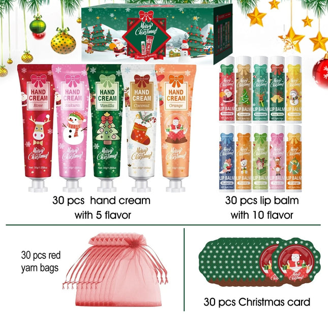 Christmas gift set distribution 120PCS/box in bulk, lip balm in bulk, hand cream in bulk, Christmas cards, gift gauze bags