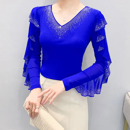 2025 Autumn New Style Mesh Tops Korean Fashion Round Neck Ruffles Shirt Lotus Leaf Edge Hot Diamond Long Sleeve Women T-Shirt