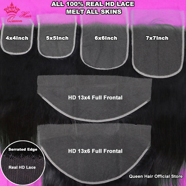 Queen Hair Real HD Invisible 13x6 13x4 7x7 6x6 5x5 4x4 2x6 4x6 9x6 Pre-Plucked HD Lace Closure Frontal Virgin Human Raw Hair