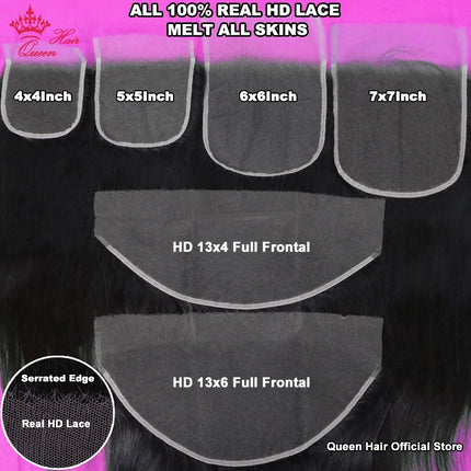 Queen Hair Real HD Frontal/Closure Only Invisible Melt Skin Lace 13x6 13x4 4x4 4x6 5x5 6x6 7x7 Raw Human Hair Body Wave/Straight