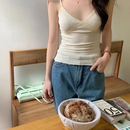 Pure Desire Lace Trim Camisole Tank Top with Chest Pad Summer Slimming Inner Wear Outerwear Beautiful Ba Boting Underwear