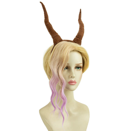 REEWES-Gazelle Goat Costume Wig,Brown Headband Accessories, Short Blonde Purple Wavy Synthetic Wigs,  Anime Cosplay, Drama Party