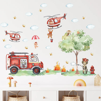 Cartoon A GrouCartoon Animal Fireman Helicopter Fire Truck Wall Stickers for Kids Room Bedroom Nursery Decoration Wall Decals