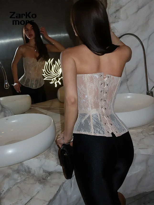 Sexy Lace Fishbone Bandage Vest Women Slim Strapless Backless Female Corset 2026 Spring Summer Lady Beach Party Tops New