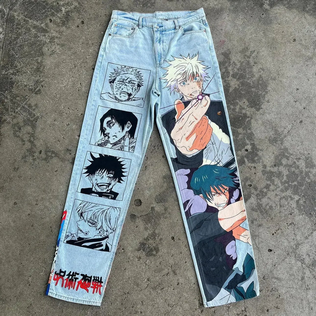 Harajuku anime characters printing jean new wide leg denim pants y2k mens jeans streetwear style couples trouser black jeans