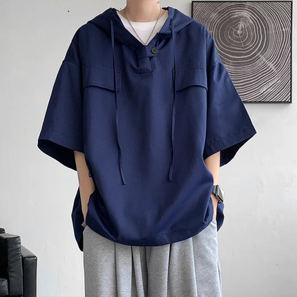 2026 Summer Men Hooded Shirt Korean Half Sleeve Pullover Streetwear Hip Hop Loose Shirt Tops Drawstring Men Clothing M-5XL