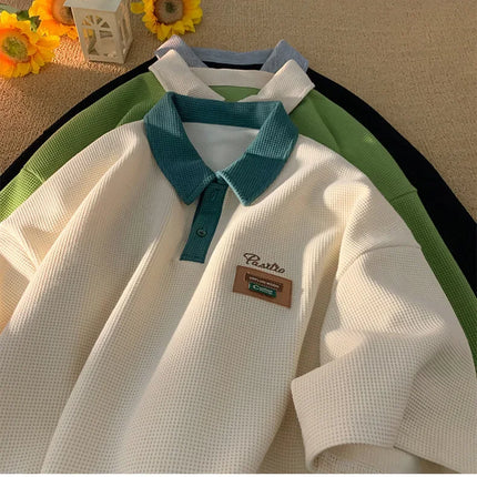 Men's Summer Style American Vintage Polo Shirt Versatile Cotton Half Sleeve T-shirt Loose Fit Casual Clothing