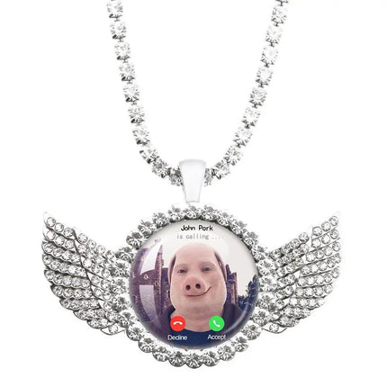 For John Pork Is Calling Answer Call Phone Humor Funny Pig Lover Graphic The Moon Necklace Angel Wings Pendant Necklace Jewelry