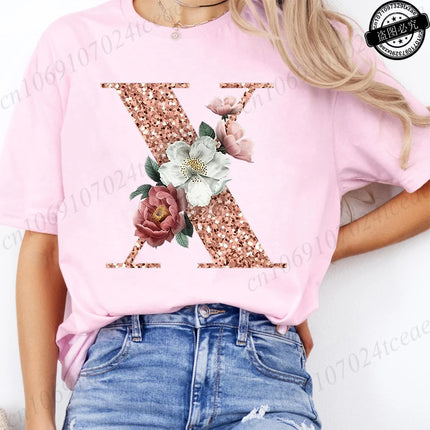 T Shirt for Women Clothing Summer Short Sleeve Tee shirts Rose Gold Letter A~Z Printed Graphic Tops Female T-Shirts Clothing