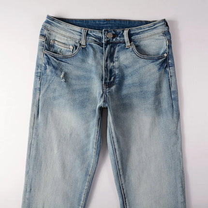 Men Classic Light Blue Stretch Denim Jeans Streetwear Vintage Ripped Cotton Pants Skinny Tapered Trousers