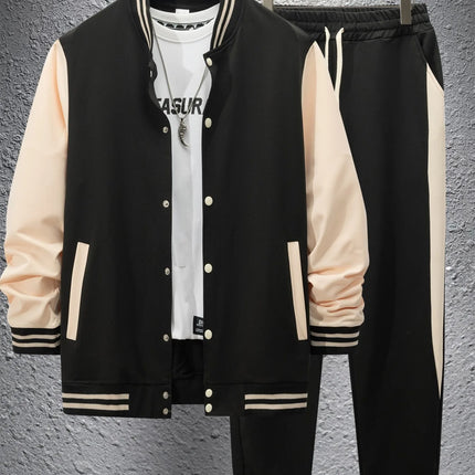 Men's new autumn and winter baseball jacket casual and versatile cardigan coat and color-block sport pants set