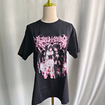 Kimotimo Japanese Anime Printed Short Sleeve T-shirts Women Summer Loose Round Neck Grunge Tops Vintage Y2k Harajuku Streetwear