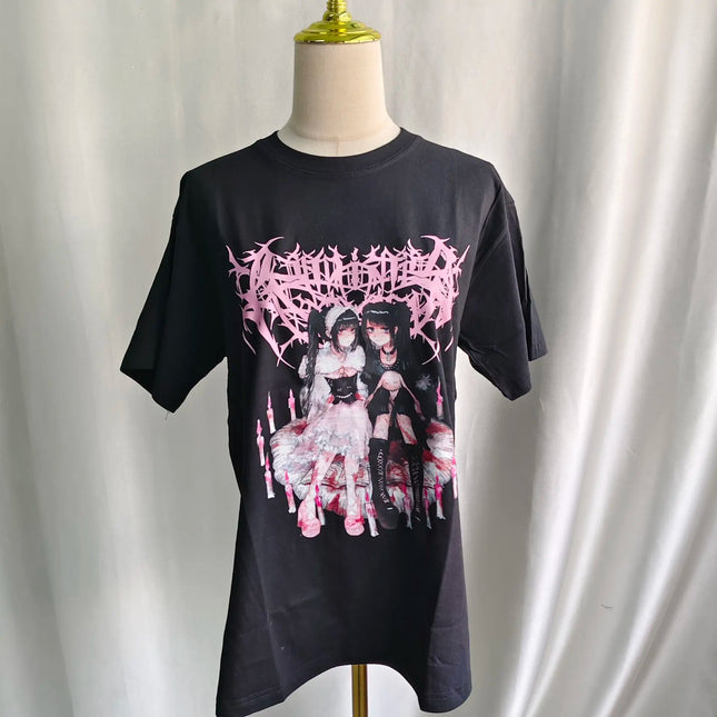 Kimotimo Japanese Anime Printed Short Sleeve T-shirts Women Summer Loose Round Neck Grunge Tops Vintage Y2k Harajuku Streetwear