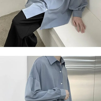 Korean Style Men's Long-sleeved Shirts Black Tie Cozy Casual Solid Oversize Blouses Breathable Loose Shirt Harajuku Male Clothes