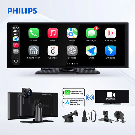 Philips 10.25-inch Smart Dash Cam Compatible with ISO Wireless CarPlay and Android Auto, Loop Recording, Built-in Speaker