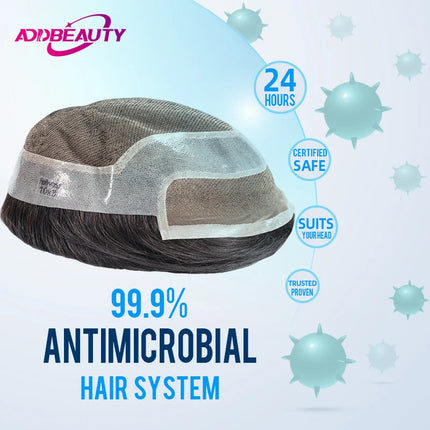 Antibacterial Men Toupee Lace PU Men Topper Bleached Knots Human Hair System Indian Human Hair Wig Natural Capillary Prosthesis