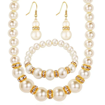 3 In1 Set Elegant Simulated Pearl Necklace Earrings Bracelet Long Necklace Women Bridal Wedding Jewelry Gift Beautiful Jewelries