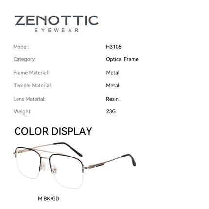 ZENOTTIC (M Size) Men Half frame Square Mental Prescription Pilot Glasses Blue Light Blocking Optical Eyewear For Screen