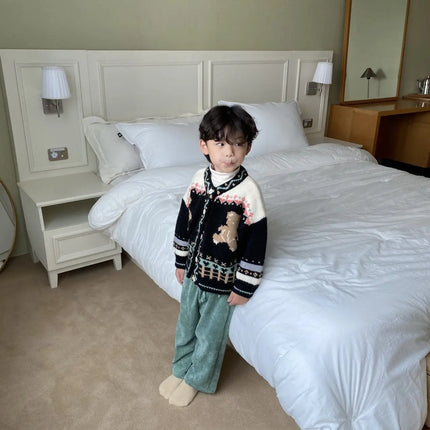 LILIGIRL Ins Korean Children Knitted Sweater Autumn Winter Cotton Soft Fashion Bear Knitted Boy's Cardigan Girl Sweater Coat