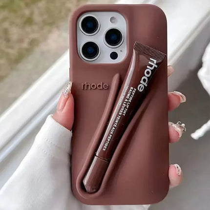 For iPhone 17 Pro Max Air 15 14 13 12 11 17 ProMax Plus Phone Case Gray Toast Ribbon Espresso Holder Silicone Lipstick Cover