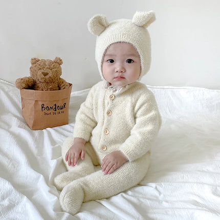 Baby Outfit Newborn Photography Props Mohair Knitted Bear Rompers Footed Jumpsuit Hat 2pcs/Sets Photography Clothing Accessories