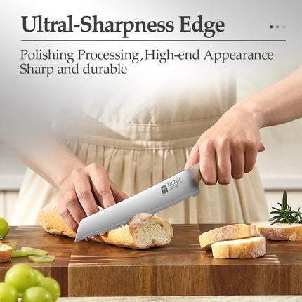 XINZUO 8.2 Inches Bread Knife High Hardness Steel 3 Layers Composite Steel Hardness 60±1HRC Wooden Handle Cut Bread Cake