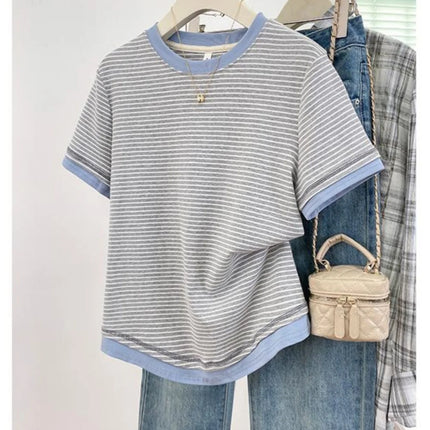 2026 New Women's Loose Fit Casual Stripe Short Sleeve T-Shirt Comfortable Breathable Cotton Polyester Blend Summer Top