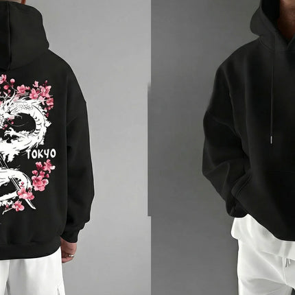 Trendy men's anime dragon and cherry blossom print hooded sweatshirt for casual street comfort, inspired design hoodie