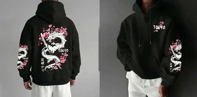 Trendy men's anime dragon and cherry blossom print hooded sweatshirt for casual street comfort, inspired design hoodie