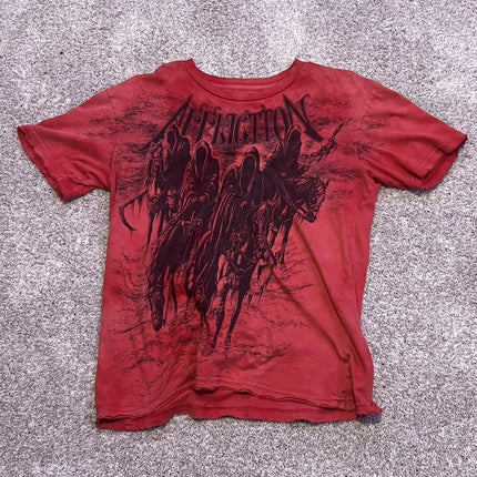 AFFICTION Red Goth Short Sleeves Men Women Vintage Cotton Couple Matching Hip Hop Streetwear Distressed Round Summer Grunge Tee