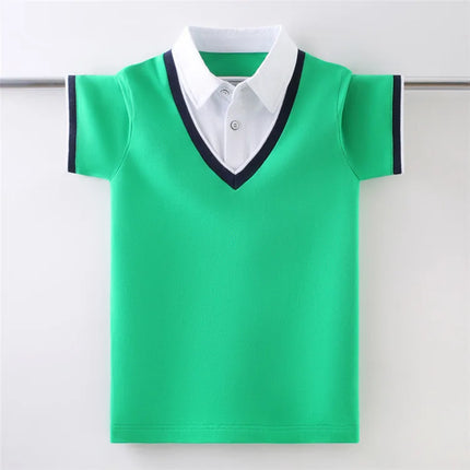 Boys School Uniform Cotton Polo Shirt Summer Chicken Heart Collar Design Kids Short Sleeve Cotton Tops For Children's Age 5-15 T
