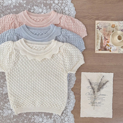 2026 Summer Casual Children Knit Blouse Girls Scalloped Neck Puff Sleeve Openwork Top Soft Lightweight Gentle Tee