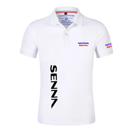 2025 Summer Ayrton Senna Print Casual Lapel Collar Breathable Solid Color Polo Shirt Men Trendy High Quality Cotton Short Sleeve