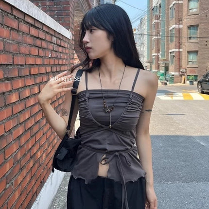 Korean Sle Unique Belted Design Slimming Versatile Split Front Strapl Top Women's Summer Faion Commute Straight Cut Vest