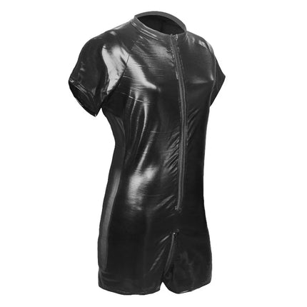 Men's PU Faux Leather Mesh Shaper Bodysuit Sexy Tight Body Underwear Casual Zipper Wrestling Leotard Singlet Shaper for Men