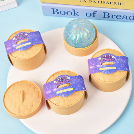 Color Glitter Dumpling Squishes Stress Balls Fidget Sensory Toys Simulation Food Squishies Bun with Steamer Squeeze Dough Gifts