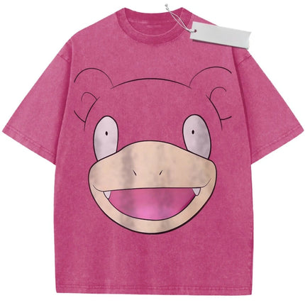 2026 Summer Men's Beige Washed T - Shirt Pokemon Slowpoke Big Face High - Quality Fabric for Casual Shopping