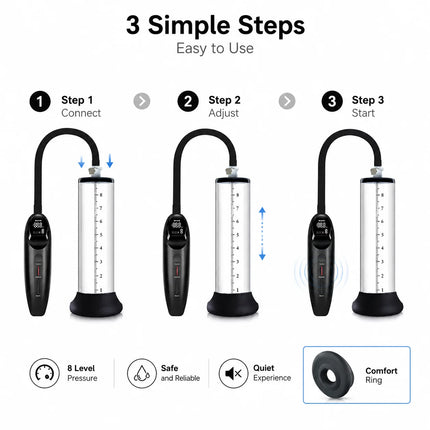Electric Male Vacuum Pump with Clear Measuring Cylinder Digital Display Black Hose and Man Masturbation Trainer Sex Toy