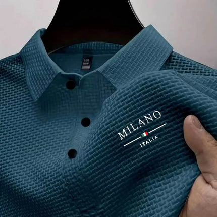 Mens Milano Italia Letter Jacquard Polo Shirt Breathable Quick Dry Fabric Casual Business Outdoor Daily Short Sleeve Top
