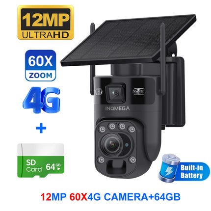 INQMEGA 12MP 60X Optics Zoom Dual Screen 4G /WIFI Solar Camera Securty Outdoor  PIR Human Detection Color Night Vision UBOX APP