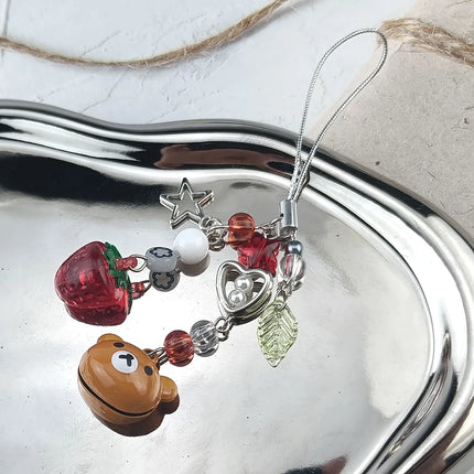 Handmadede Small Bell Bear Pendant Phone Charms Y2K Fairy Core Strawberry Rilakkuma Beaded Keychain Bag Accessories for Girls