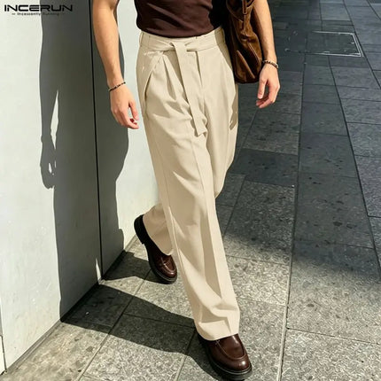 INCERUN Men's Pants Solid Color Lace Up Joggers Loose Casual Men Bottoms Streetwear 2026 Fashion Leisure Wide Leg Pants For Man